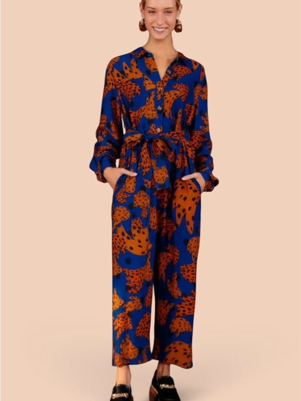 Farm Rio Banana Blue & Brown Printed Jumpsuit with Tie Waist Size Small - Picture 2 of 16